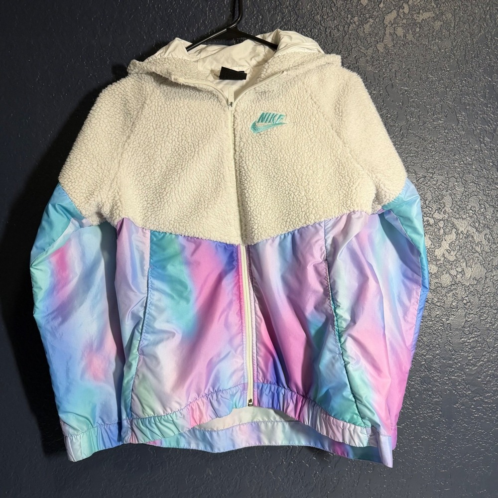 Nike Sherpa Windbreaker Jacket Kids XL Tie Dye Purple White Blue